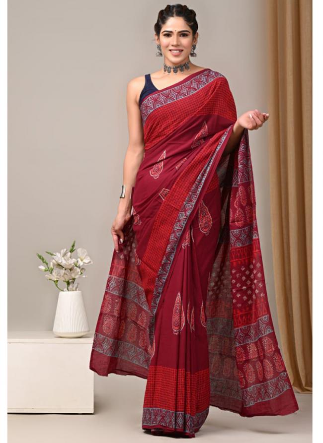 Cotton Red Casual Wear Printed Saree